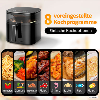Abgebildet ist eine schwarze aeco Touch Airfryer mit 5,7 Litern Fassungsvermögen; darunter veranschaulichen Symbole und Fotos acht voreingestellte Garprogramme: Pommes frites, Gemüse, Hähnchen, Fleisch, Garnelen, Backen, Fisch und Steak.