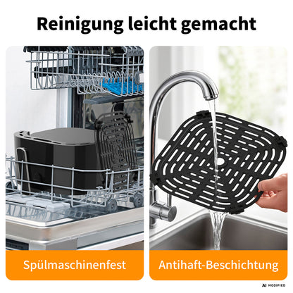 Ein schwarzes Küchenzubehör für den aeco Touch Airfryer 5,7 Liter ist links in einer Spülmaschine und rechts unter fließendem Wasser zu sehen. Der Text hebt die Spülmaschinenfestigkeit und die Antihaftbeschichtung hervor.