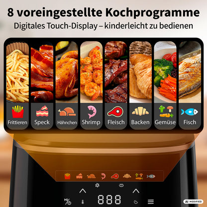 Der aeco Compact Airfryer 4,3 Liter verfügt über ein digitales Touch-Display mit 8 voreingestellten Garprogrammen – darunter „Frittieren“, „Speck“, „Hähnchen“, „Garnelen“, „Fleisch“, „Backen“, „Gemüse“ und „Fisch“ –, die jeweils mit anschaulichen Bildern der jeweiligen Speisen über den Tasten versehen sind. Dank der innovativen Heißluftzirkulationstechnologie sorgt dieser vielseitige Multikocher für effiziente und gesunde Garergebnisse.
