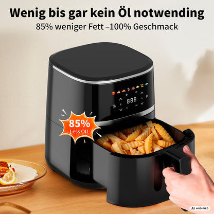 Eine Hand zieht einen Korb mit fertig gebackenen Pommes frites aus einem schwarzen aeco Compact Airfryer 4,3 Liter heraus; der deutsche Text hebt den um 85 % geringeren Ölverbrauch und den vollen Geschmack hervor.
