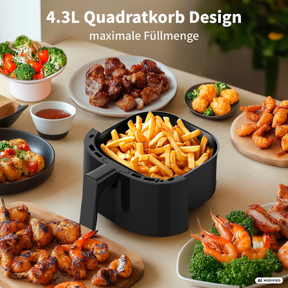 Der aeco Compact Airfryer 4,3 Liter, gefüllt mit Pommes frites, steht auf einem Holztisch, umgeben von Tellern mit gebratenem Hähnchen, Gemüse und Soßen. Der deutsche Text darüber hebt das effiziente Design des quadratischen 4,3-Liter-Korbs dieses vielseitigen Multikochers hervor.