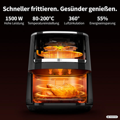 Ein schwarzer aeco Compact Airfryer mit 4,3 Litern Fassungsvermögen, in dem ein ganzes Hähnchen zubereitet wird, mit folgenden angegebenen Eigenschaften: leistungsstarker 1500-W-Multikocher, Temperaturbereich von 80–200 °C, 360°-Luftzirkulation und 55 % Energieeinsparung. Orangefarbene Grafiken veranschaulichen den Luftstrom.