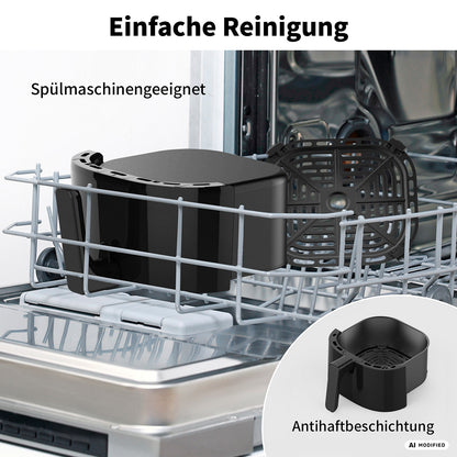 Ein schwarzes Küchenzubehör, das mit dem aeco Compact Airfryer 4,3 Liter und den Multikocher-Geräten kompatibel ist, wird in einem Geschirrspülkorb abgebildet. Ein eingefügtes Bild zeigt die Antihaftbeschichtung, während ein deutscher Text die einfache Reinigung und die Spülmaschinenfestigkeit hervorhebt.