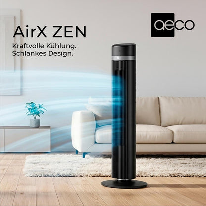 Der hohe schwarze aeco AirX ZEN - Turmvetilator kühlt ein modernes Wohnzimmer mit Sofa, Pflanze und Teppich. Der Text AirX ZEN von aeco hebt die leistungsstarke Kühlung und das schlanke Design hervor.
