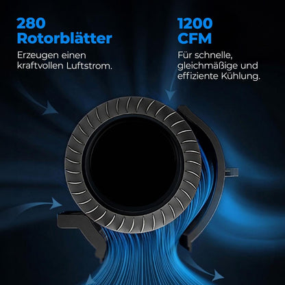 Der Querschnitt des aeco AirX ZEN - Turmventilators zeigt den Luftstrom mit 280 Rotorblättern und 1200 CFM, der eine starke, effiziente und gleichmäßige Kühlung gewährleistet.