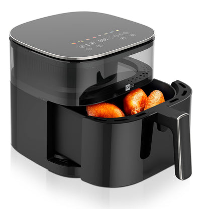 Ein aeco Touch Airfryer 5,7 Liter in Schwarz wird mit geöffneter Schublade gezeigt, in der perfekt gegarte Hähnchenkeulen zu sehen sind.