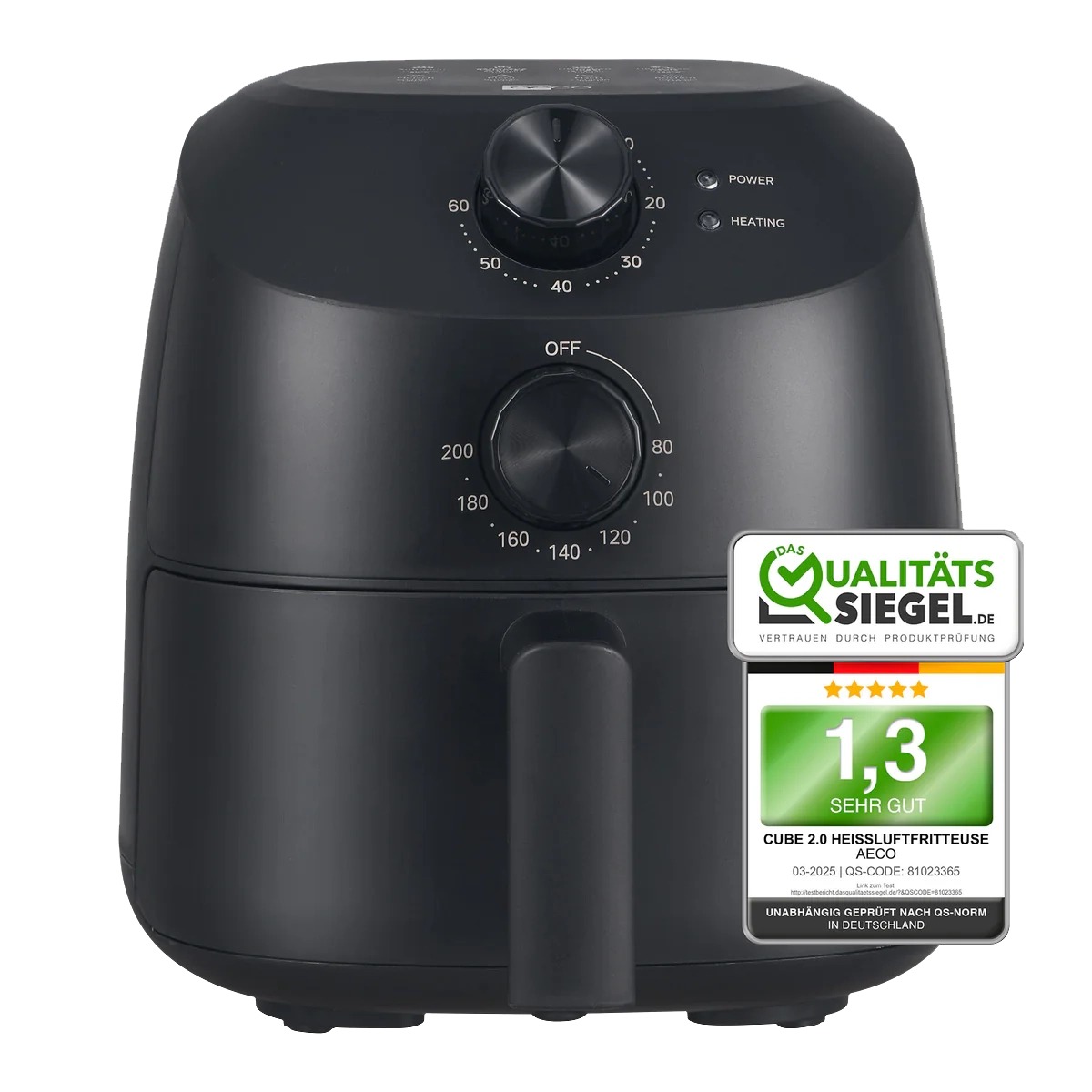 Der aeco Cube 2.0 Airfryer 2 Liter in Schwarz verfügt über zwei Drehregler, einen griffigen Griff und ein deutsches Qualitätssiegel der Note 1,3 (sehr gut) - perfekt für gesundes Kochen.