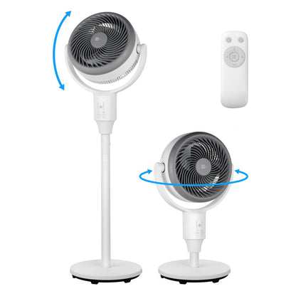 Zwei aeco AirX DUO 2in1 Stand&Tischventilatoren von aeco sind mit Fernbedienung abgebildet, wobei die Oszillations- und Neigungsfunktionen hervorgehoben sind. Blaue Pfeile zeigen die einstellbaren Bewegungsrichtungen an.