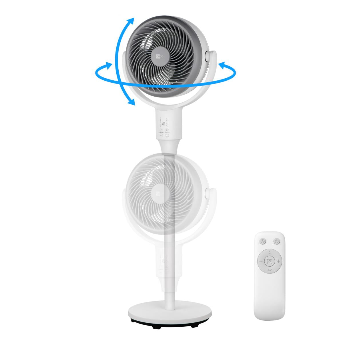 Der aeco AirX DUO 2in1 Stand&Tischventilator von aeco ist in zwei Höhen abgebildet, wobei die blauen Pfeile die Oszillation anzeigen und die Fernbedienung auf der rechten Seite liegt.
