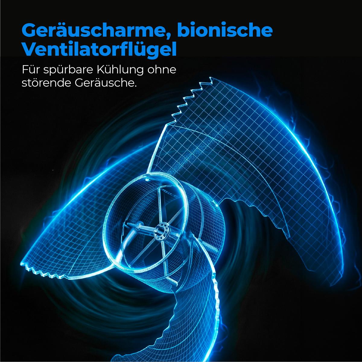 Ein digitales Rendering des aeco AirX DUO 2in1 Stand&Tischventilator von aeco mit blau leuchtenden Linien und deutschem Text hebt die leise, effiziente Kühlleistung hervor.