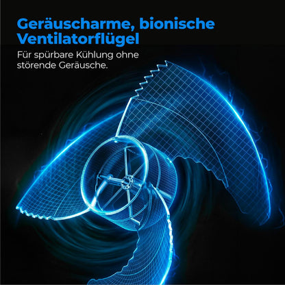 Ein digitales Rendering des aeco AirX DUO 2in1 Stand&Tischventilator von aeco mit blau leuchtenden Linien und deutschem Text hebt die leise, effiziente Kühlleistung hervor.