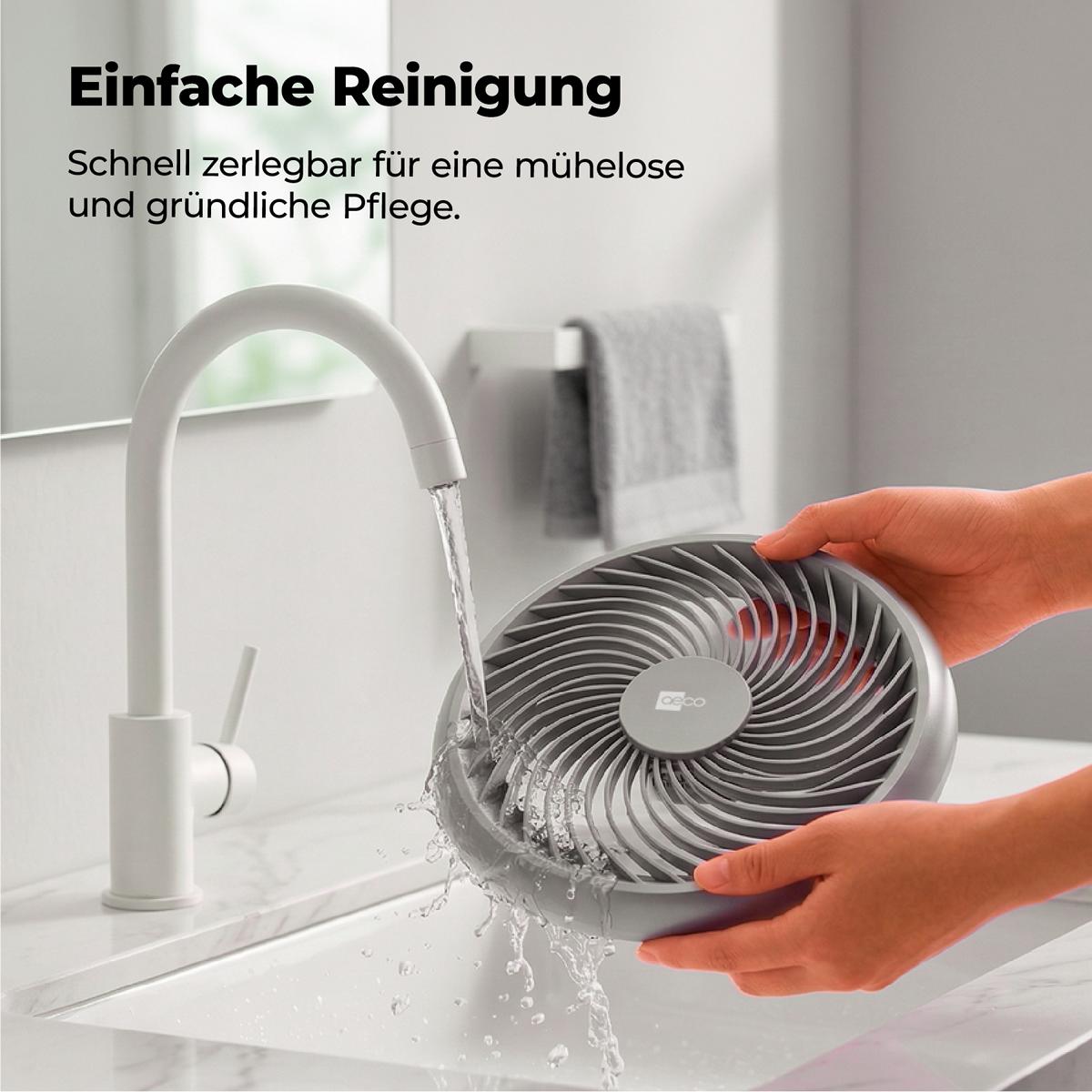 Jemand spült den abnehmbaren Deckel des aeco AirX DUO 2in1 Stand&Tischventilators unter einem Wasserhahn ab und zeigt, wie einfach er zu reinigen ist. Der deutsche Text hebt die schnelle Demontage für eine mühelose Wartung hervor.