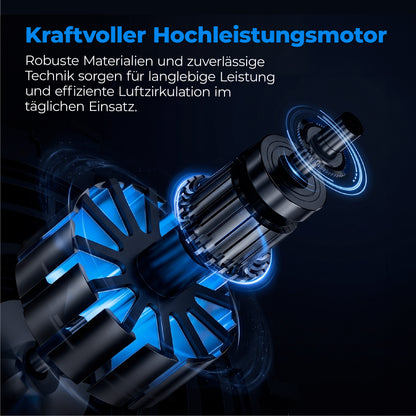 Digitales Rendering des aeco AirX Flow 100 - 2in1 Leiser Standventilators in Großaufnahme, das robuste Materialien und technische Komponenten mit blauer Akzentbeleuchtung zeigt. Der deutsche Text hebt sein langlebiges Design und die optimierte Luftzirkulation hervor.