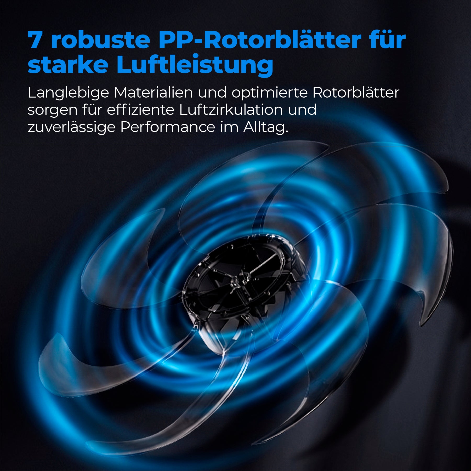Der AirX Flow 100 - 2in1 Leiser Standventilator von aeco präsentiert sich in Schwarz mit sieben PP-Rotorblättern, blauen Luftstromeffekten und einem deutschen Text, der effiziente Luftzirkulation und langlebige Leistung betont.