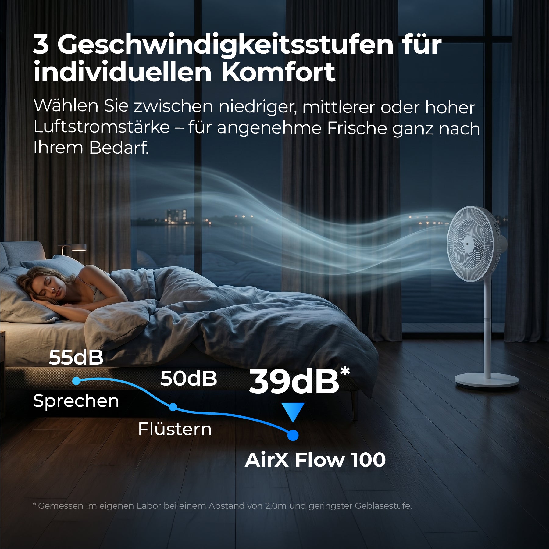 Eine Frau schläft, während der aeco AirX Flow 100 - 2in1 Leiser Standventilator leise neben ihr läuft. Seine Luftzirkulation, drei Geschwindigkeitsstufen und der ultra-leise Betrieb mit nur 39 dB sorgen für erholsame Nächte - leiser als Flüstern oder Sprechen.