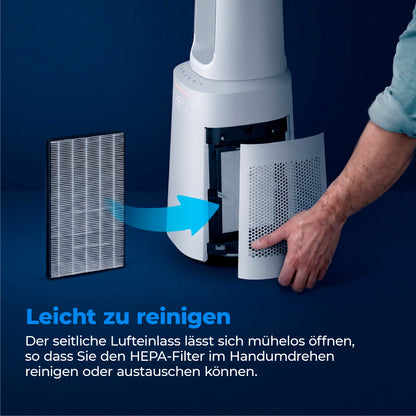 Eine Person nimmt die Seitenabdeckung des aeco AirX Guard 2in1 - Ventilator & Luftreiniger mit HEPA-Filter ab; eine deutsche Anleitung beschreibt die einfache Reinigung und den Filterwechsel.