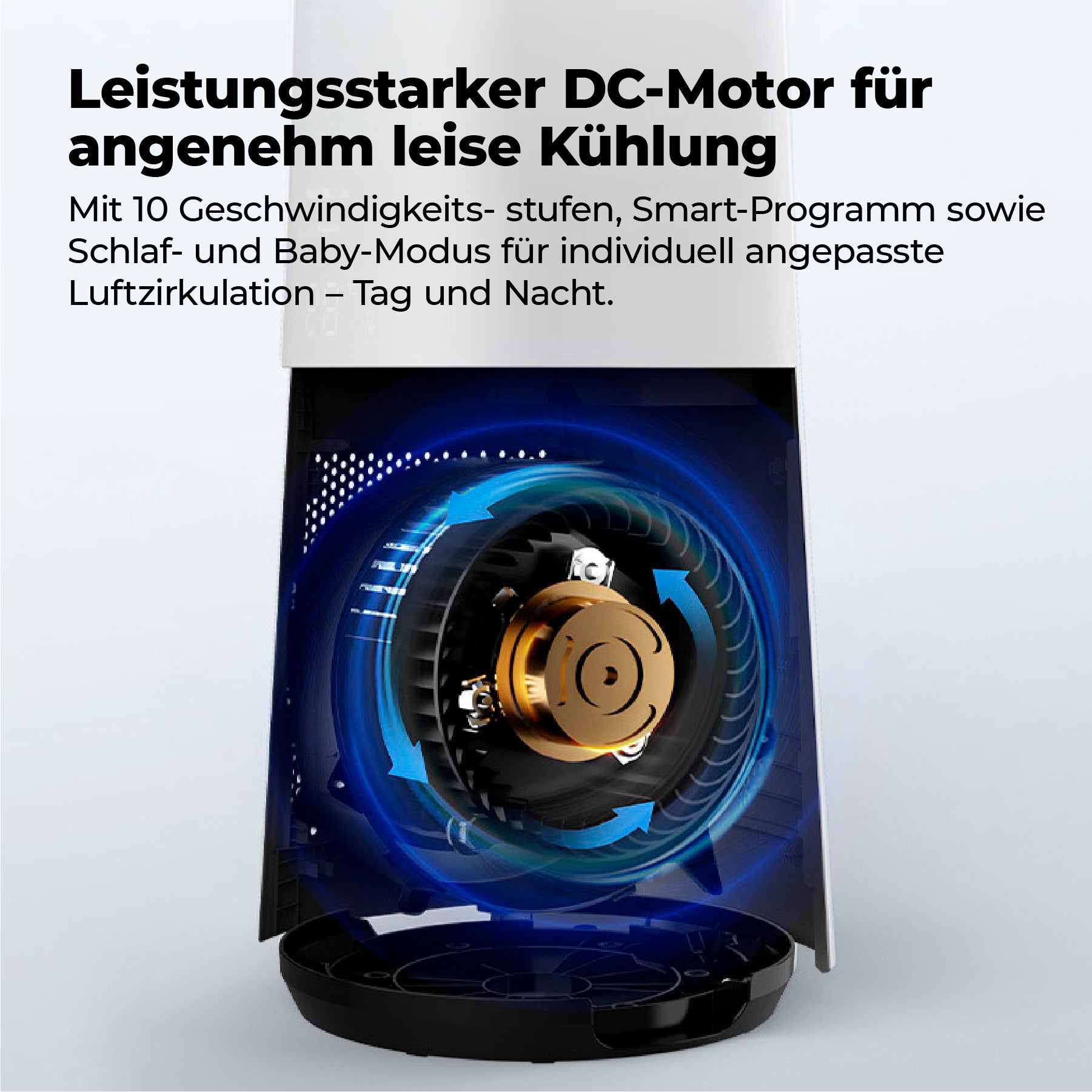 Nahaufnahme des aeco AirX Guard 2in1 DC-Motors mit blauem Luftstrom, deutscher Text zur Hervorhebung von leiser Betrieb, mehrere Geschwindigkeiten und Einsatz als Ventilator & Luftreiniger für Allergiker mit HEPA-Filter.