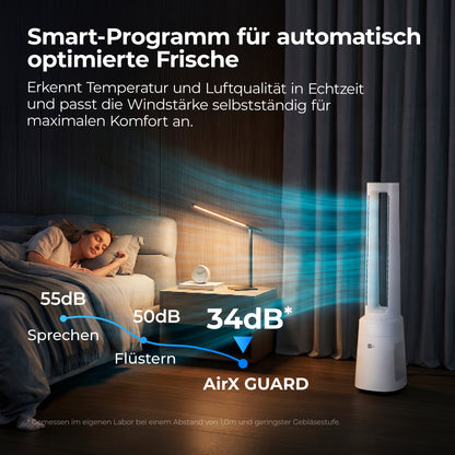 Eine Frau schläft im Bett neben dem aeco AirX Guard 2in1 Ventilator & Luftreiniger mit HEPA-Filter, der mit 34 dB leise arbeitet und einen Geräuschpegel von 55 dB (sprechend) und 50 dB (flüsternd) anzeigt, was seine Luftqualität und seine geräuscharmen Eigenschaften unterstreicht.