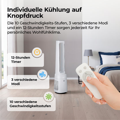 Eine Hand richtet eine Fernbedienung auf den AirX Guard 2in1 von aeco, einen eleganten Turmventilator & Luftreiniger mit HEPA-Filter. Timer-, Modus- und Geschwindigkeitssteuerung bieten individuellen Komfort - perfekt für Allergiker, die kühle, saubere Luft wollen.