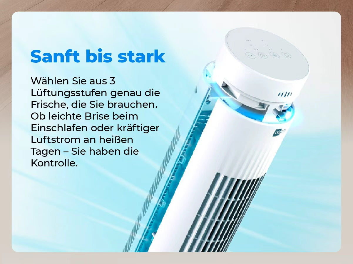 Der aeco AirX SPIN Turmventilator mit Fernbedienung & Timer bietet anpassbare Luftstromstärken von sanfter Brise bis kräftigem Wind - für individuelle Kühlung ganz nach Wunsch.