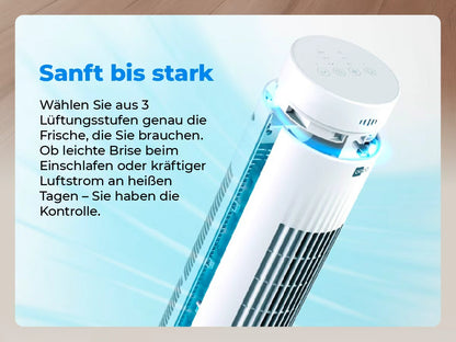 Der aeco AirX SPIN Turmventilator mit Fernbedienung & Timer bietet anpassbare Luftstromstärken von sanfter Brise bis kräftigem Wind - für individuelle Kühlung ganz nach Wunsch.