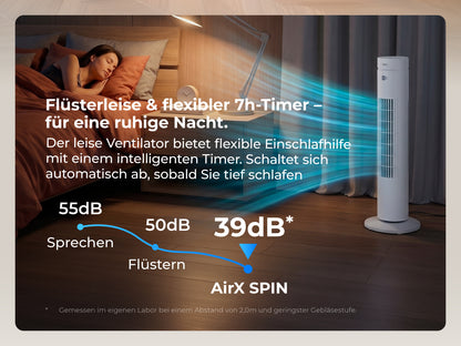 Eine Frau schläft neben dem aeco AirX SPIN Turmventilator. Der Text verweist auf den leisen 39dB-Betrieb, den Schlafmodus, den 7-Stunden-Timer und eine Fernbedienung für einfache Einstellungen.
