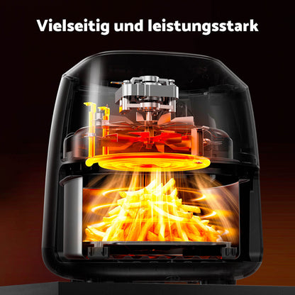 Eine transparente aeco Cube 2.0 Heißluftfritteuse (2 Liter) ermöglicht dank sichtbarer Luftstromtechnologie den Blick auf die darin zubereiteten Pommes frites und macht gesundes Kochen einfach und bequem. Der deutsche Text oben lautet: „Vielseitig und leistungsstark.“.