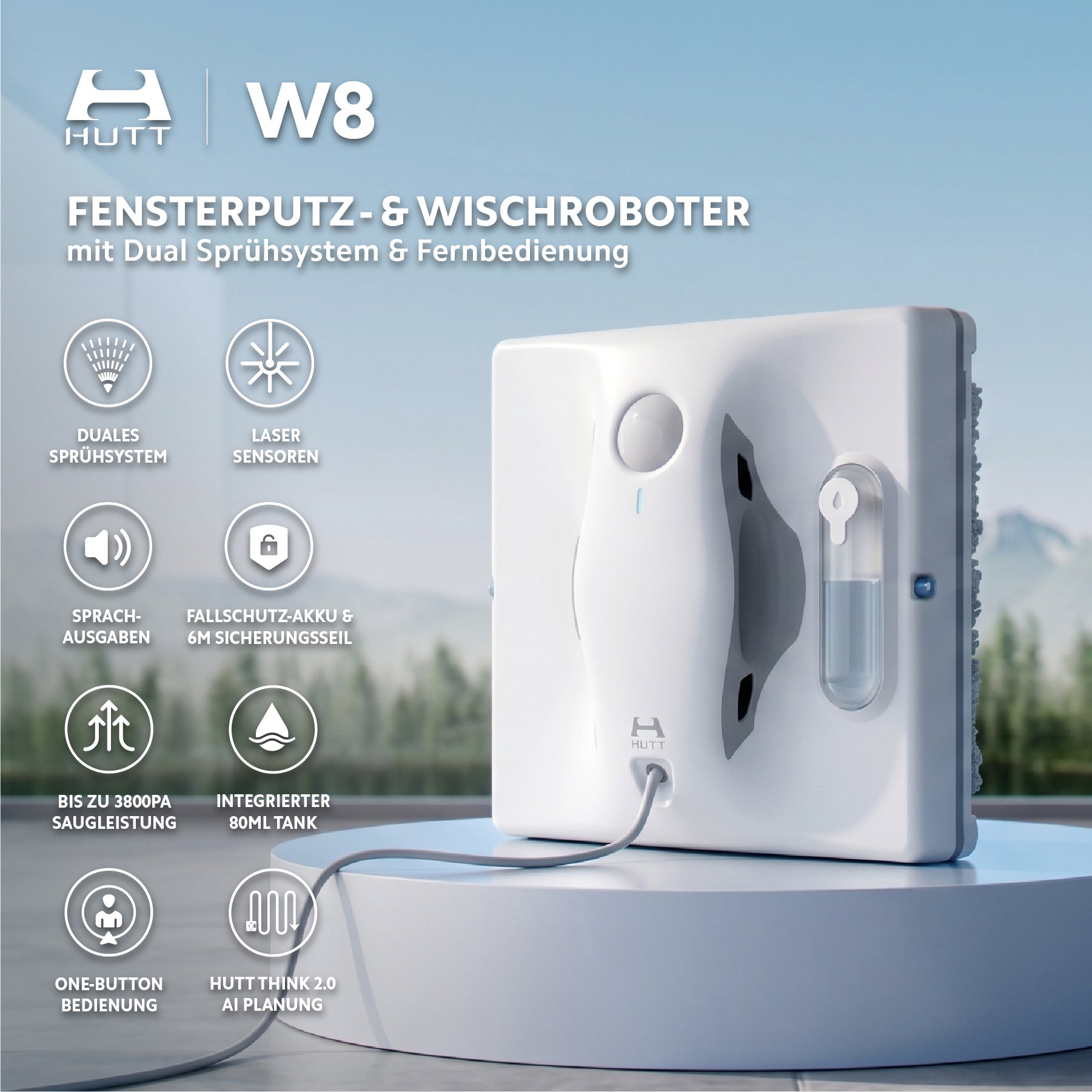 Ein weißer HUTT W8 Fensterputzroboter steht auf einer ebenen Fläche, wobei Symbole für intelligente Fensterreinigung, ein doppeltes Sprühsystem, einen Lasersensor, eine Fernbedienung und eine starke Saugkraft von 3800 Pa zu sehen sind.
