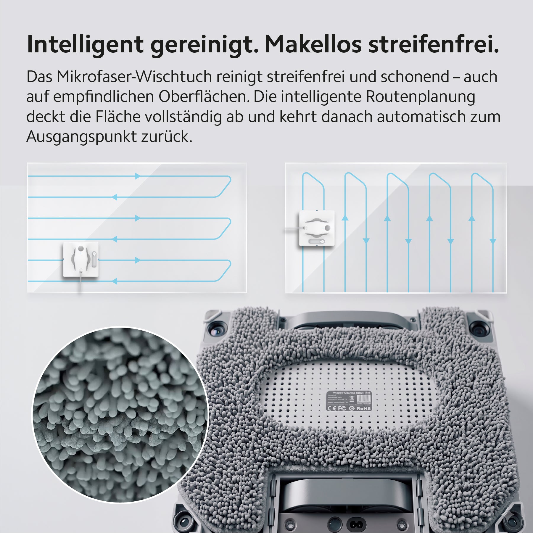 Nahaufnahme des HUTT W8 Fensterputzroboters mit Mikrofasertuch, die die Reinigungswege zeigt und durch deutschen Text die Vorteile der intelligenten Fensterreinigung hervorhebt: streifenfreie und schonende Ergebnisse dank intelligenter Routenplanung.