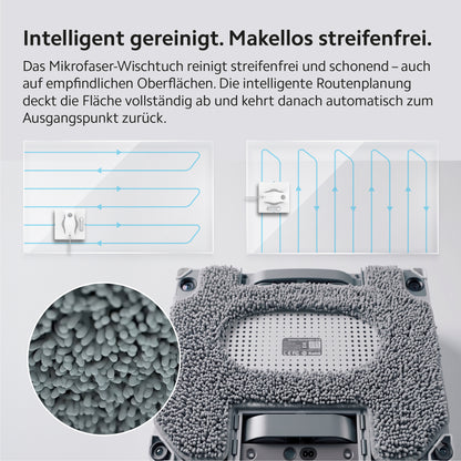 Nahaufnahme des HUTT W8 Fensterputzroboters mit Mikrofasertuch, die die Reinigungswege zeigt und durch deutschen Text die Vorteile der intelligenten Fensterreinigung hervorhebt: streifenfreie und schonende Ergebnisse dank intelligenter Routenplanung.