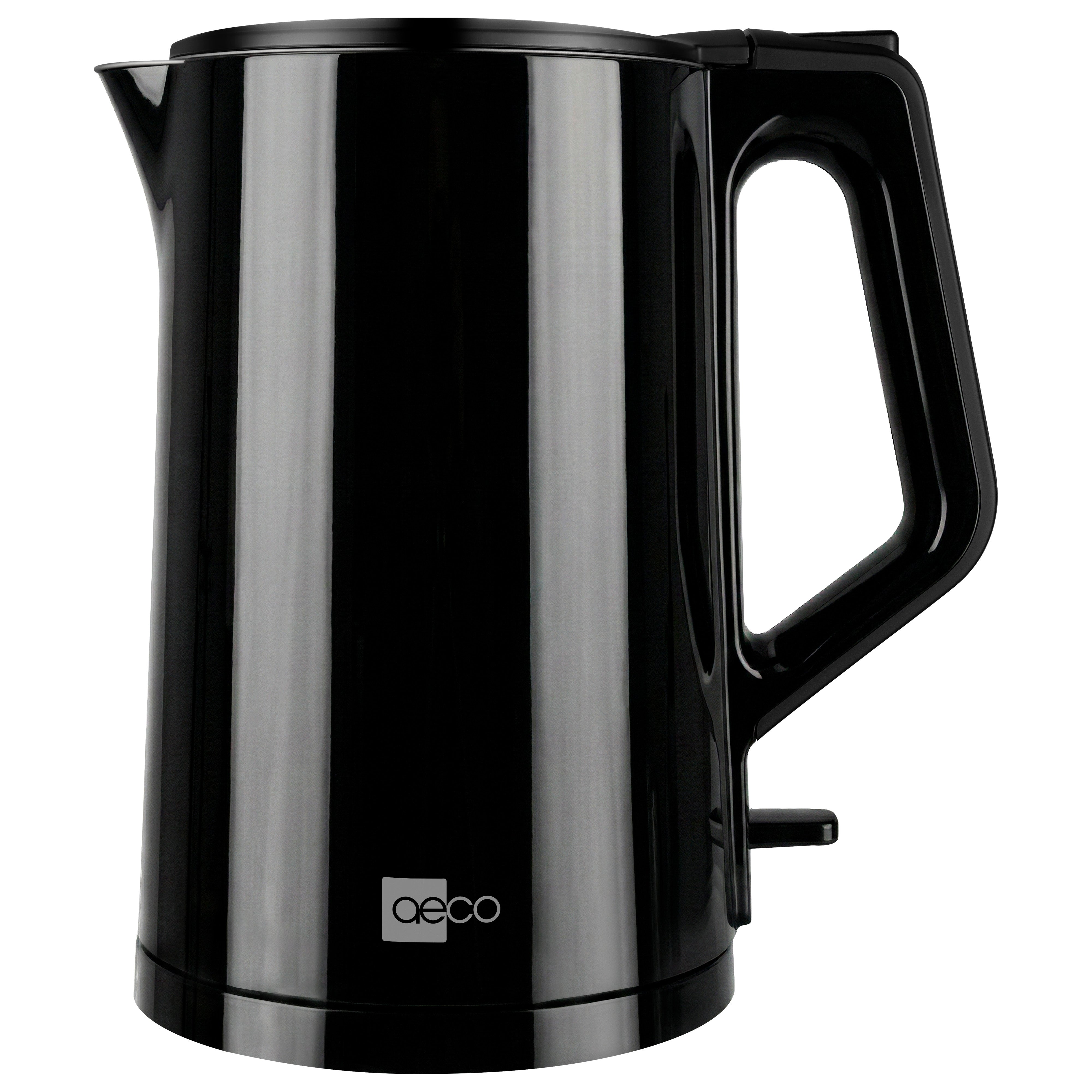 Der AQA PRO Wasserkocher von aeco ist ein schwarzer Wasserkocher mit Griff und Ausgießer, der auf der unteren Vorderseite das aeco-Logo trägt.