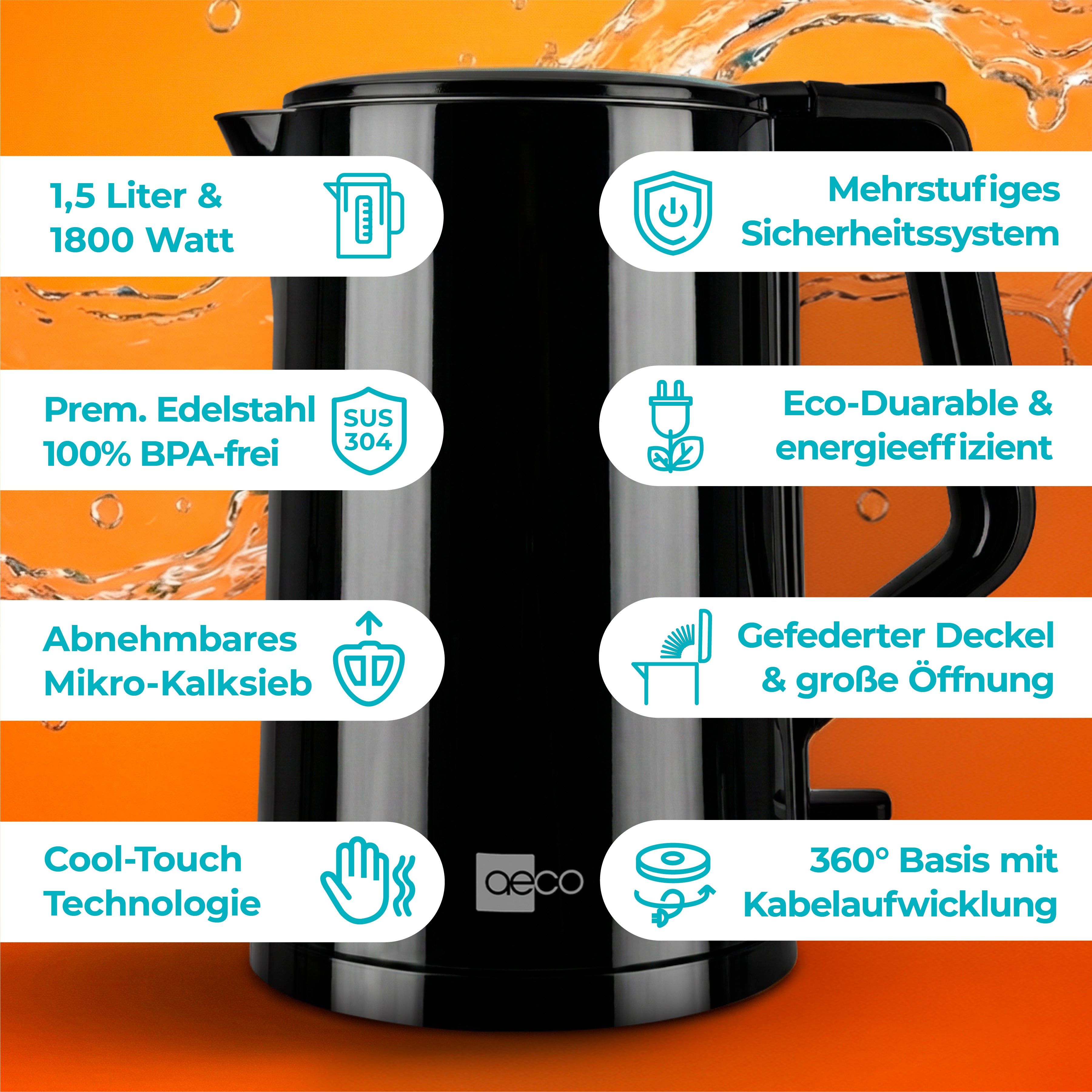 Der aeco AQA PRO Wasserkocher ist ein schwarzer Wasserkocher mit 1,5L Kapazität, 1800W Leistung, Sicherheitssystem, Edelstahlgehäuse, Energieeffizienz, herausnehmbarem Filter und 360° Basis.