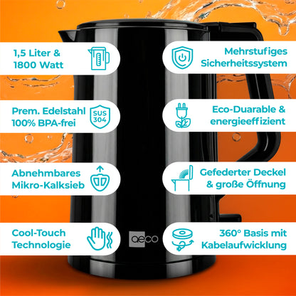 Der aeco AQA PRO Wasserkocher ist ein schwarzer Wasserkocher mit 1,5L Kapazität, 1800W Leistung, Sicherheitssystem, Edelstahlgehäuse, Energieeffizienz, herausnehmbarem Filter und 360° Basis.
