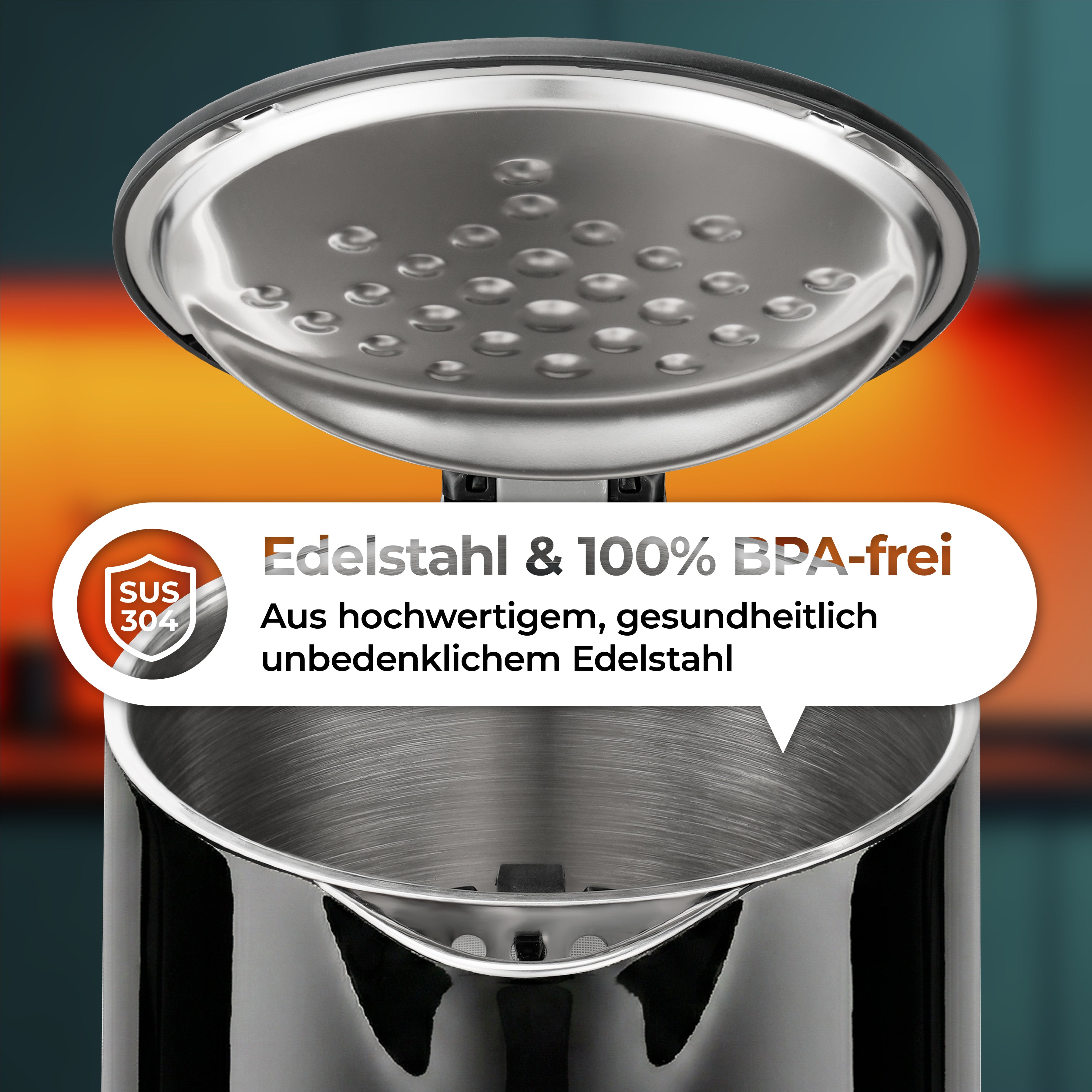 Nahaufnahme des aeco AQA PRO Wasserkochers mit offenem Deckel, der die BPA-freie Konstruktion aus Edelstahl SUS 304 zeigt. Die Texteinblendung hebt die Gesundheits- und Qualitätsmerkmale hervor.