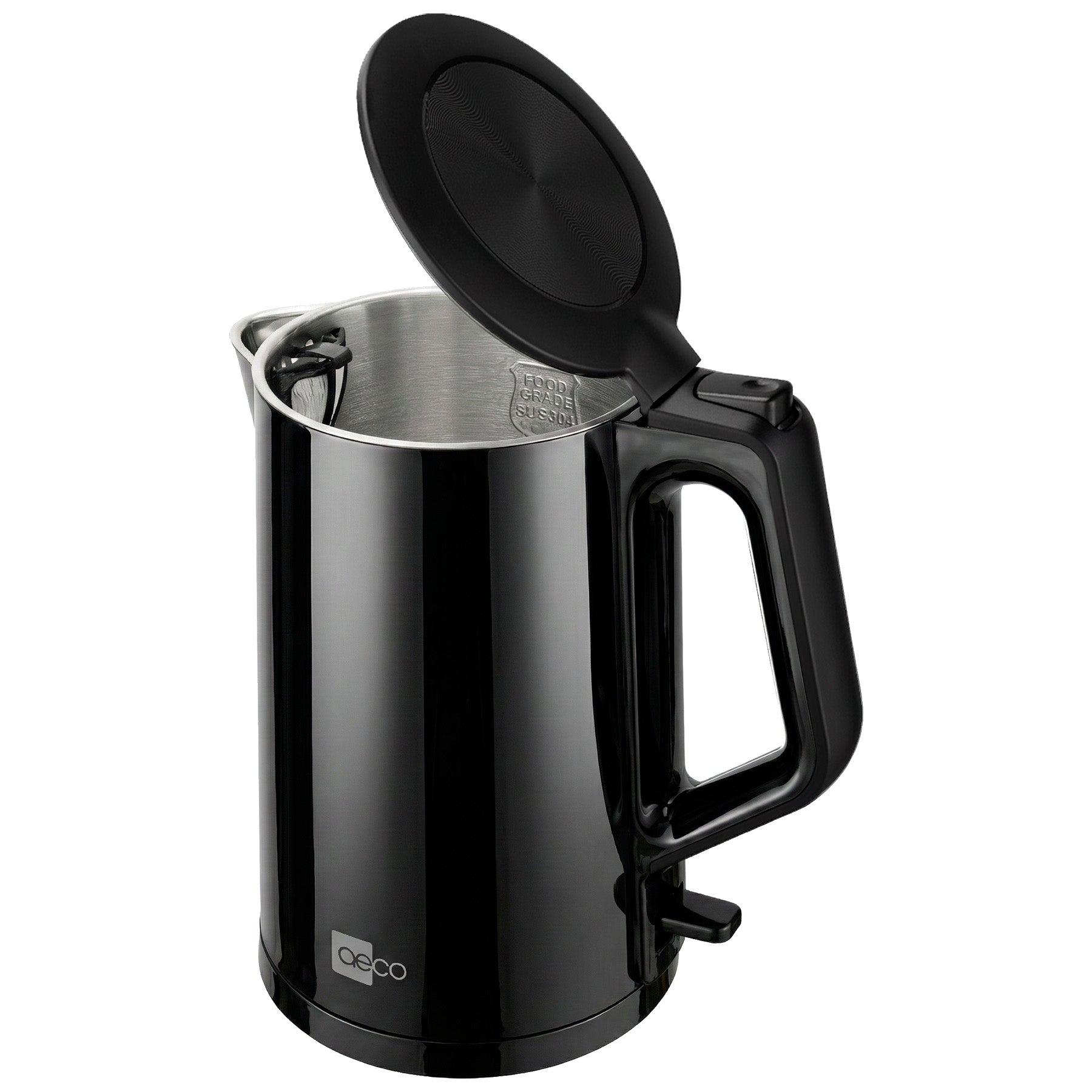 Der aeco AQA PRO Wasserkocher ist ein schwarzer Wasserkocher mit Griff und offenem Deckel, der sein Innenleben aus Edelstahl zeigt.