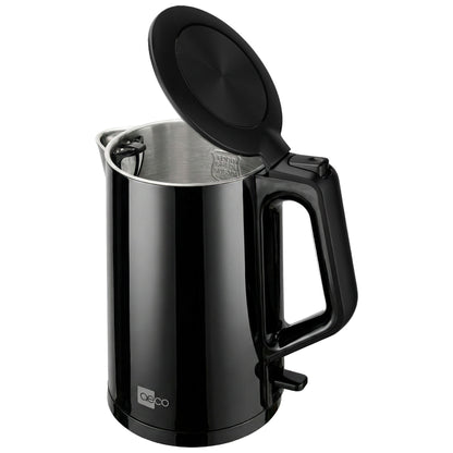 Der aeco AQA PRO Wasserkocher ist ein schwarzer Wasserkocher mit Griff und offenem Deckel, der sein Innenleben aus Edelstahl zeigt.
