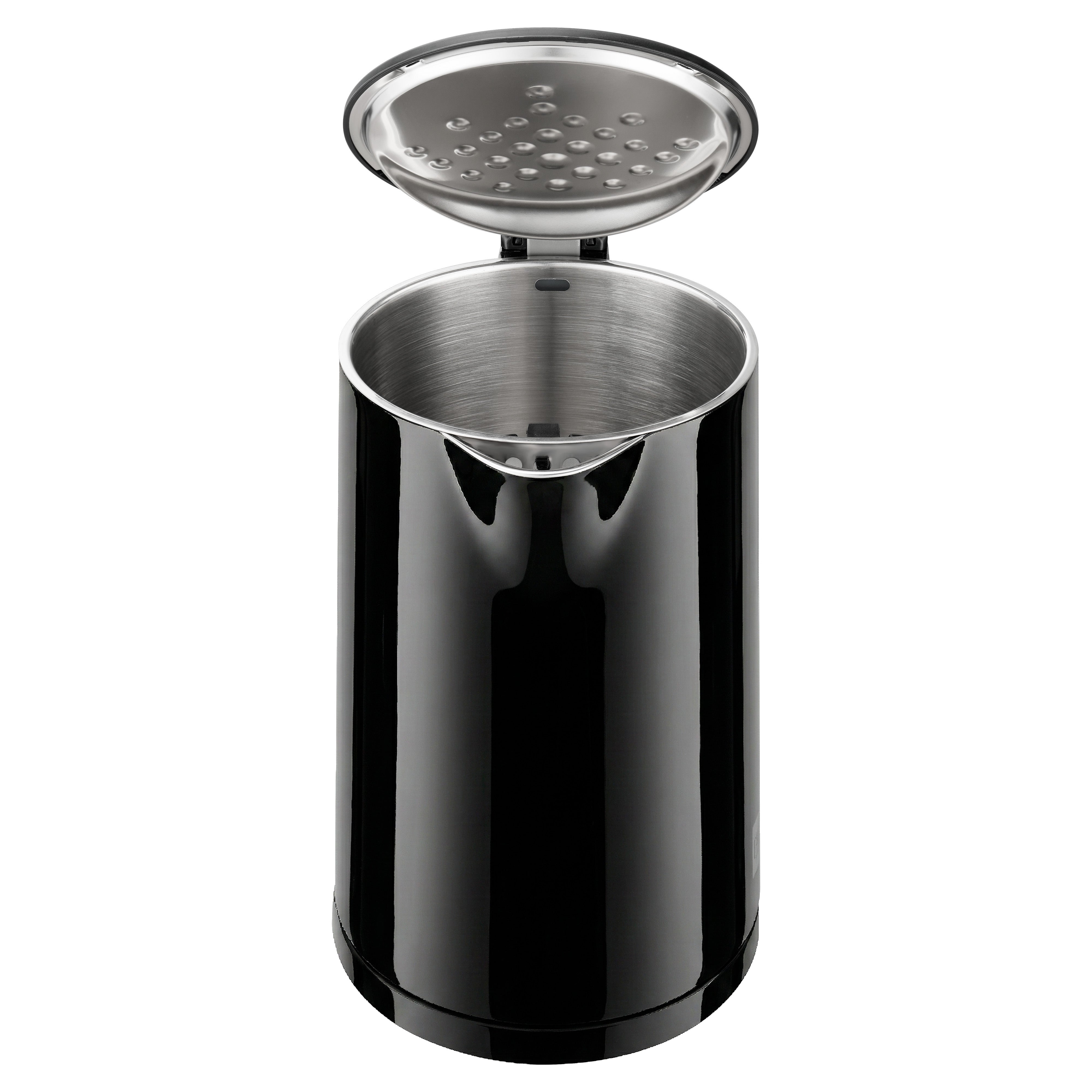 Der aeco AQA PRO Wasserkocher ist ein schwarzer, zylindrischer Edelstahl-Wasserkocher mit offenem Scharnierdeckel, der das Innere aus Metall zeigt.