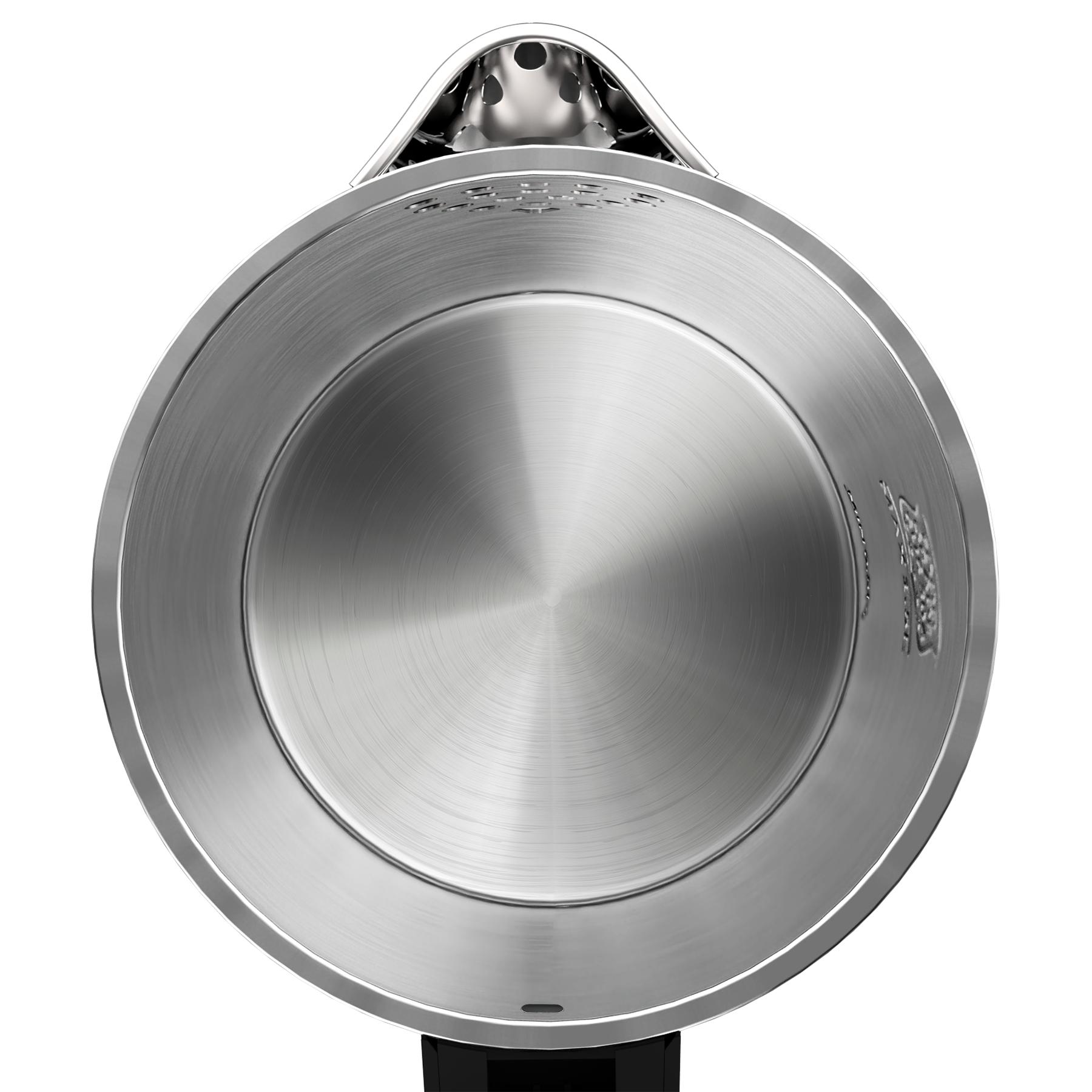 Draufsicht auf den AQA PRO Wasserkocher von aeco mit einem leeren Innenraum aus gebürstetem Edelstahl und seitlich sichtbaren Wasserstandsmarkierungen.