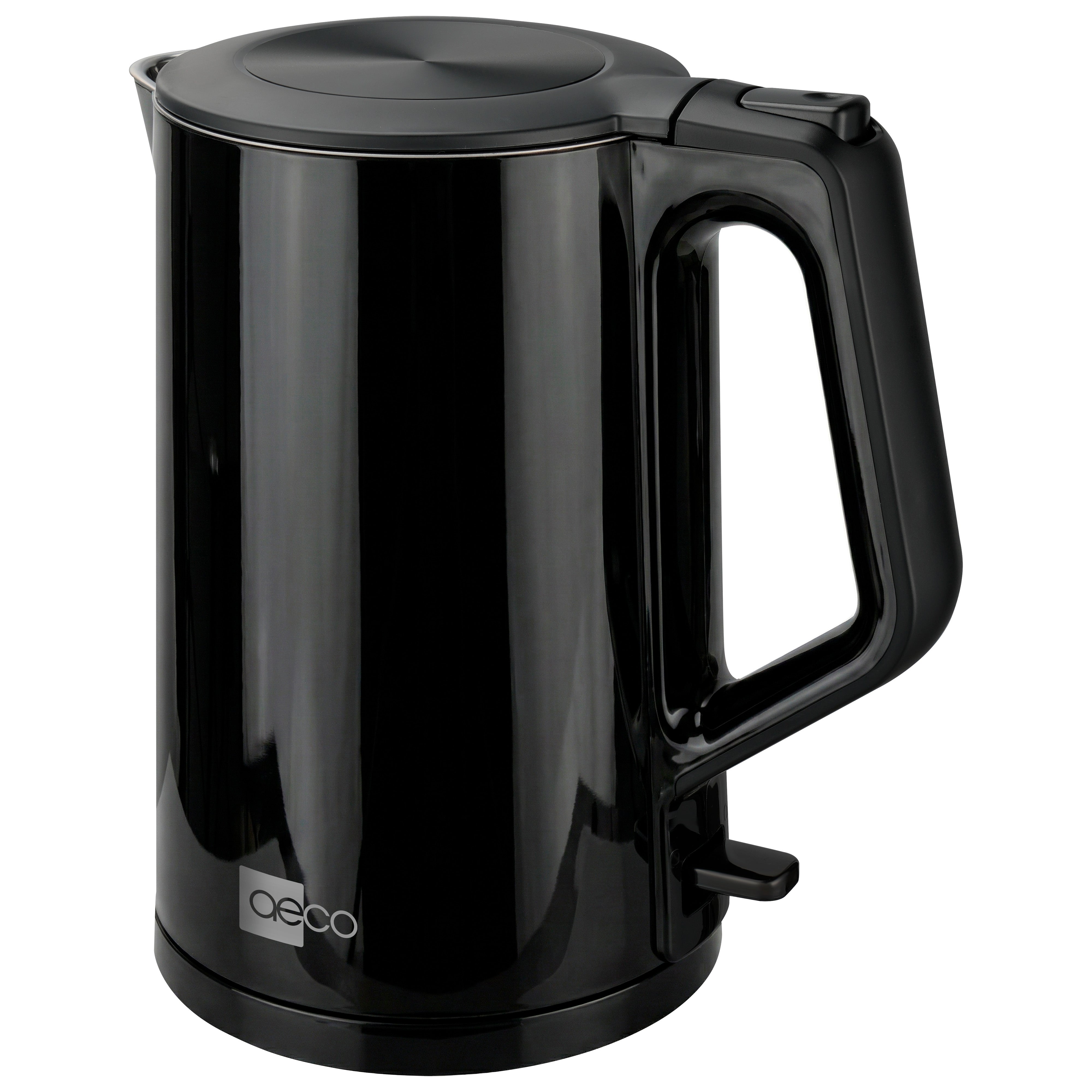 Der aeco AQA PRO Wasserkocher ist ein schwarzer Wasserkocher mit Griff und Klappdeckel, der auf der unteren Vorderseite den Markennamen "aeco" trägt.