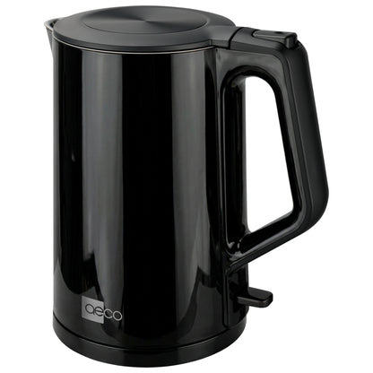Der aeco AQA PRO Wasserkocher ist ein schwarzer Wasserkocher mit Griff und Klappdeckel, der auf der unteren Vorderseite den Markennamen "aeco" trägt.