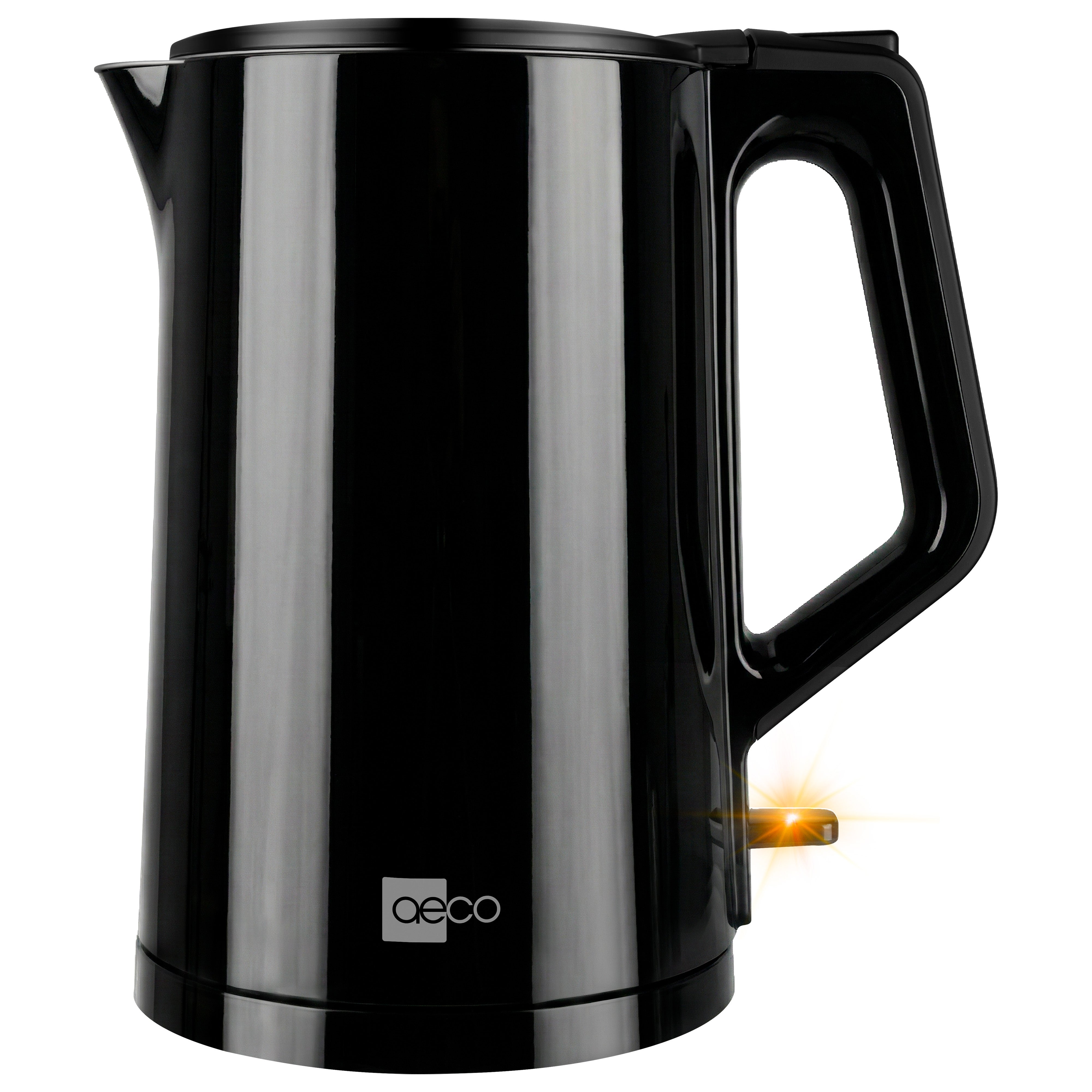 Der aeco AQA PRO Wasserkocher ist ein schwarzer Wasserkocher mit einem Griff und einer kleinen orangefarbenen Kontrollleuchte in der Nähe des Bodens, mit dem aeco-Logo auf der Vorderseite.