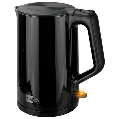 Der aeco AQA PRO Wasserkocher, ein schwarzer Wasserkocher mit Griff, Deckel und einer kleinen orangefarbenen Kontrollleuchte, steht auf einem weißen Hintergrund.
