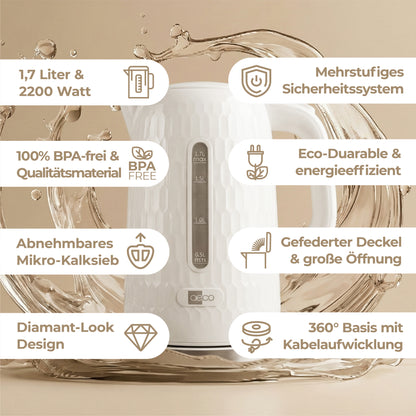 Der aeco AQA ONE Wasserkocher verfügt über ein strukturiertes weißes Design, ein Fassungsvermögen von 1,7 l, ein Sicherheitssystem, BPA-freies Material, einen herausnehmbaren Filter und Energieeffizienz - alles hervorgehoben durch umliegende Symbole.