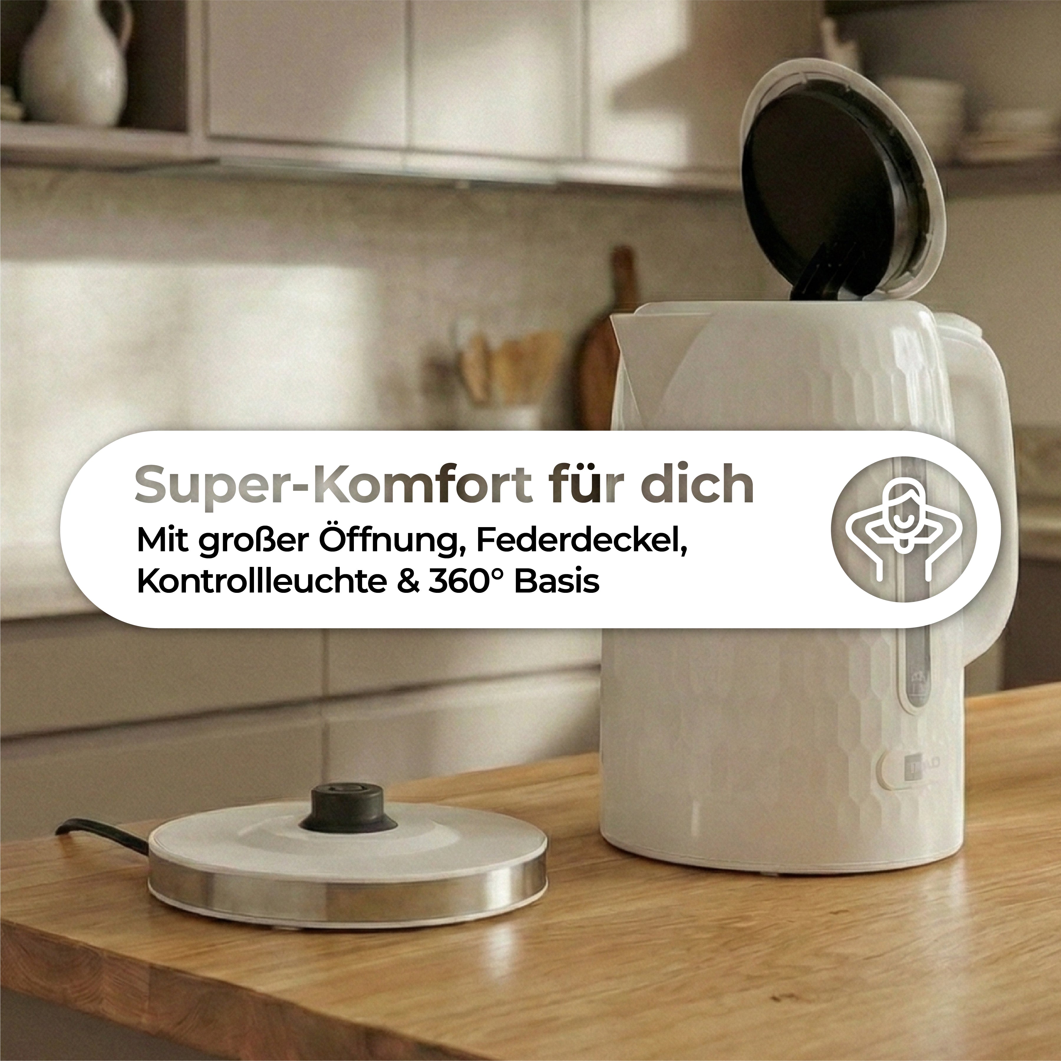 Der aeco AQA ONE Wasserkocher, ein weißer elektrischer Wasserkocher mit offenem Deckel, steht auf seinem Sockel. Der deutsche Text hebt die große Öffnung, den Sprungdeckel, die Kontrollleuchte und den 360°-Sockel hervor.