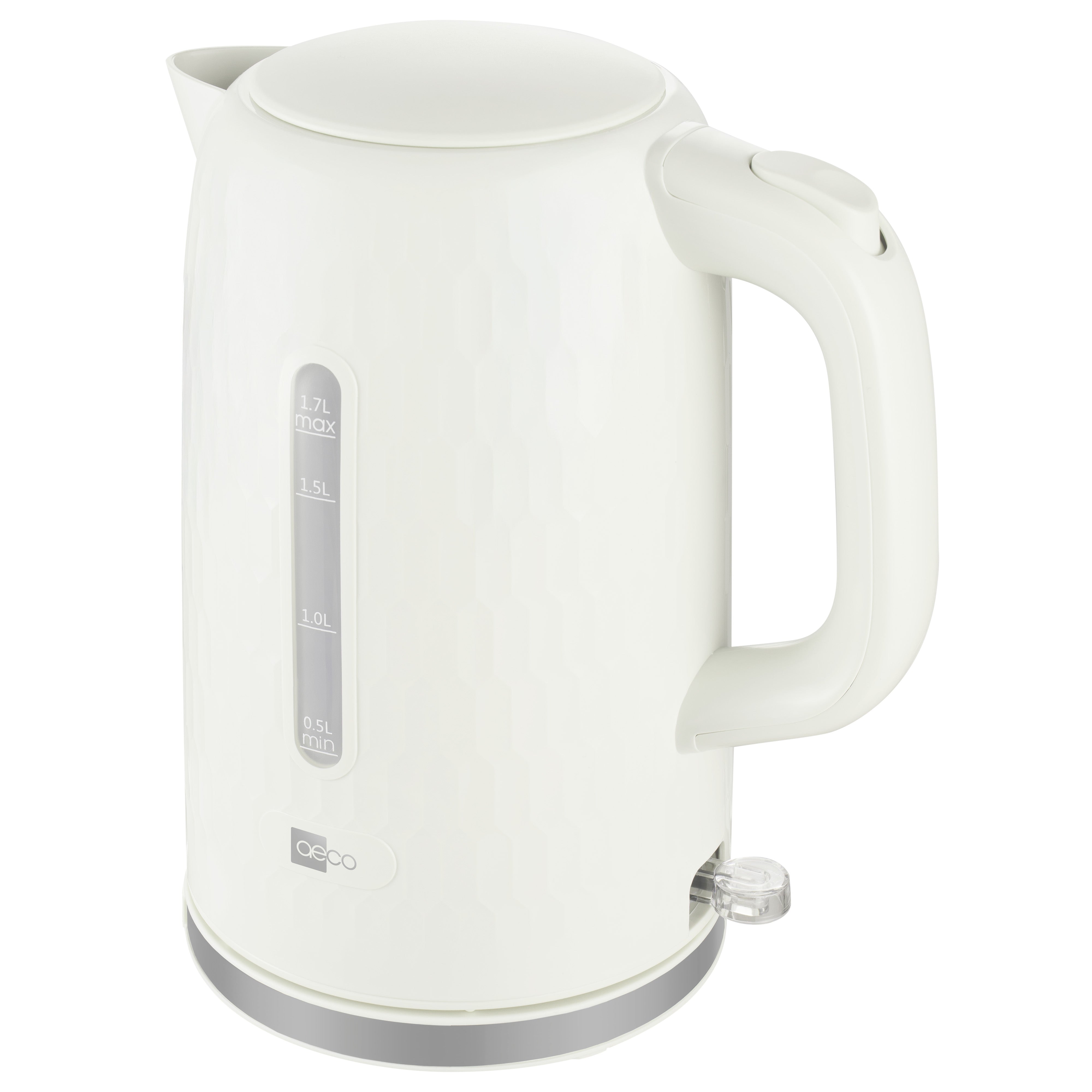 Der aeco AQA ONE Wasserkocher ist ein weißer Wasserkocher mit seitlicher Wasserstandsanzeige, Griff, Sockel und einem dezent strukturierten Design.