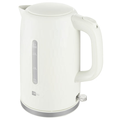 Der aeco AQA ONE Wasserkocher ist ein weißer Wasserkocher mit seitlicher Wasserstandsanzeige, Griff, Sockel und einem dezent strukturierten Design.