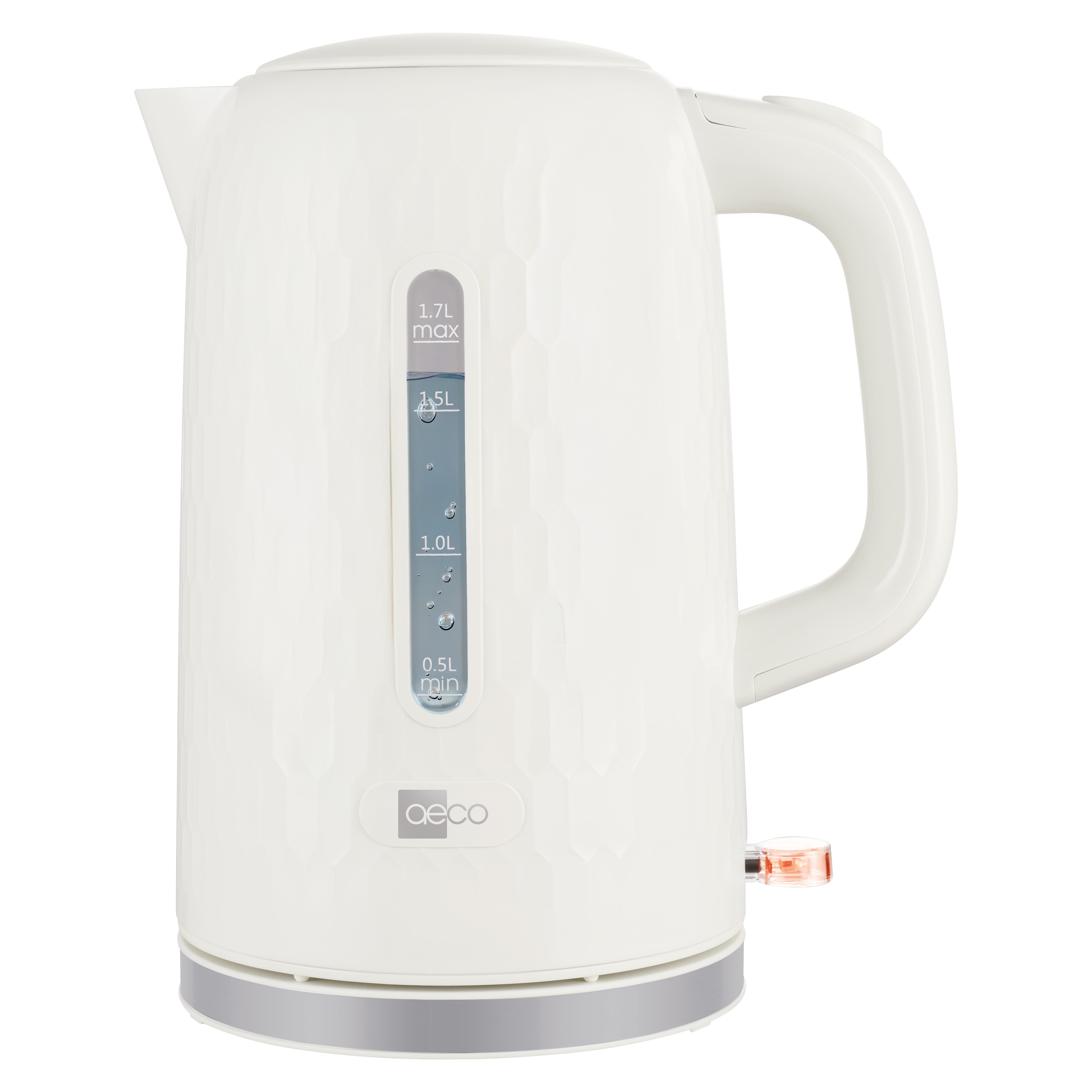 Der aeco AQA ONE Wasserkocher ist ein weißer Wasserkocher mit einer seitlichen Wasserstandsanzeige (0,5 l bis 1,7 l) und einem Griff mit Schalter am Boden.
