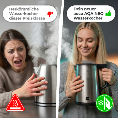 Geteiltes Bild: Links eine verzweifelte Frau mit einem dampfenden Wasserkocher, rechts eine lächelnde Frau mit einem Aeco AQA NEO Wasserkocher, Zulassungssymbolen und deutschem Text.