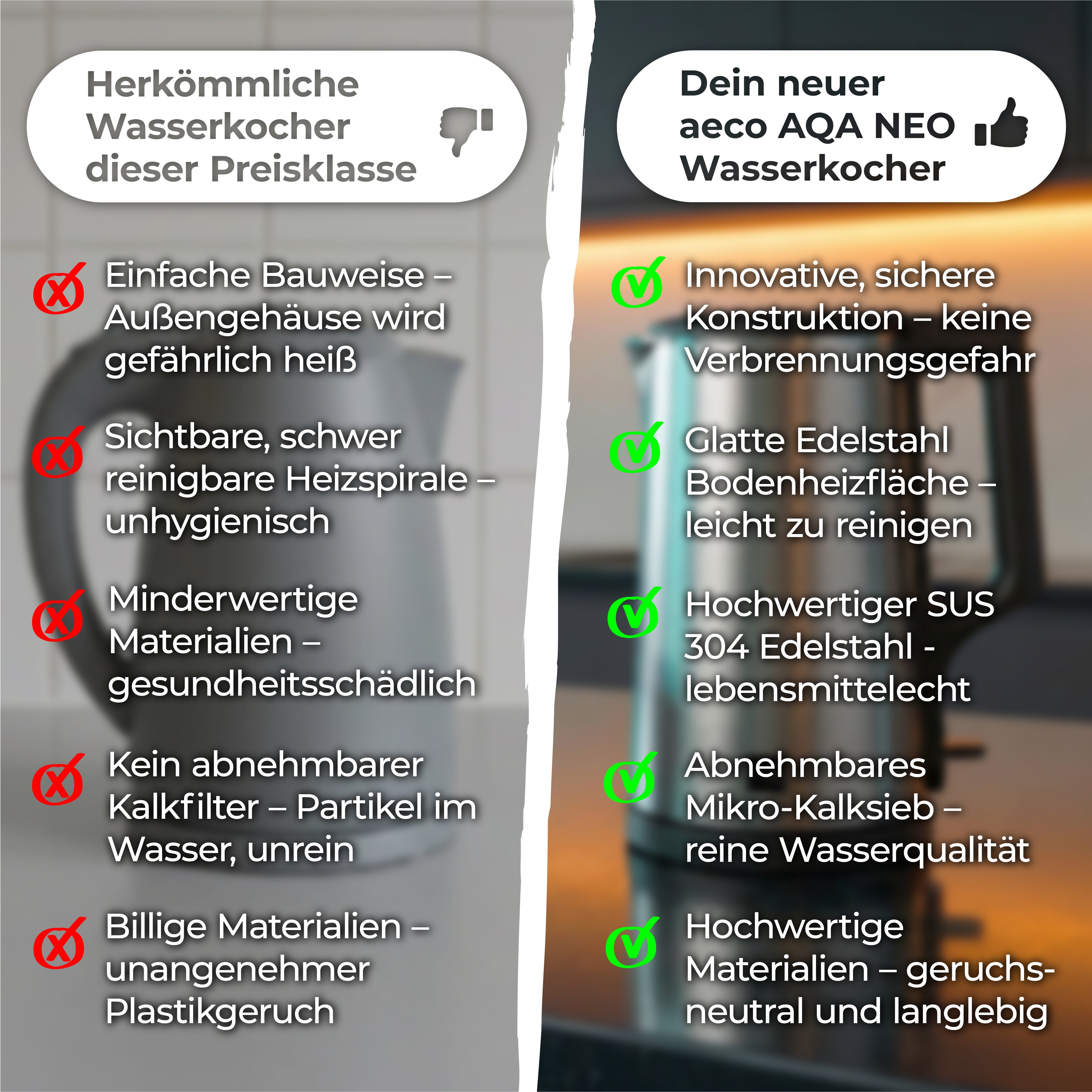 Die Vergleichstabelle zeigt die Eigenschaften herkömmlicher Wasserkocher im Vergleich zum aeco AQA NEO Wasserkocher und hebt die Sicherheit, die hochwertige Materialqualität und die einfache Reinigung auf einem unscharfen Hintergrund hervor.