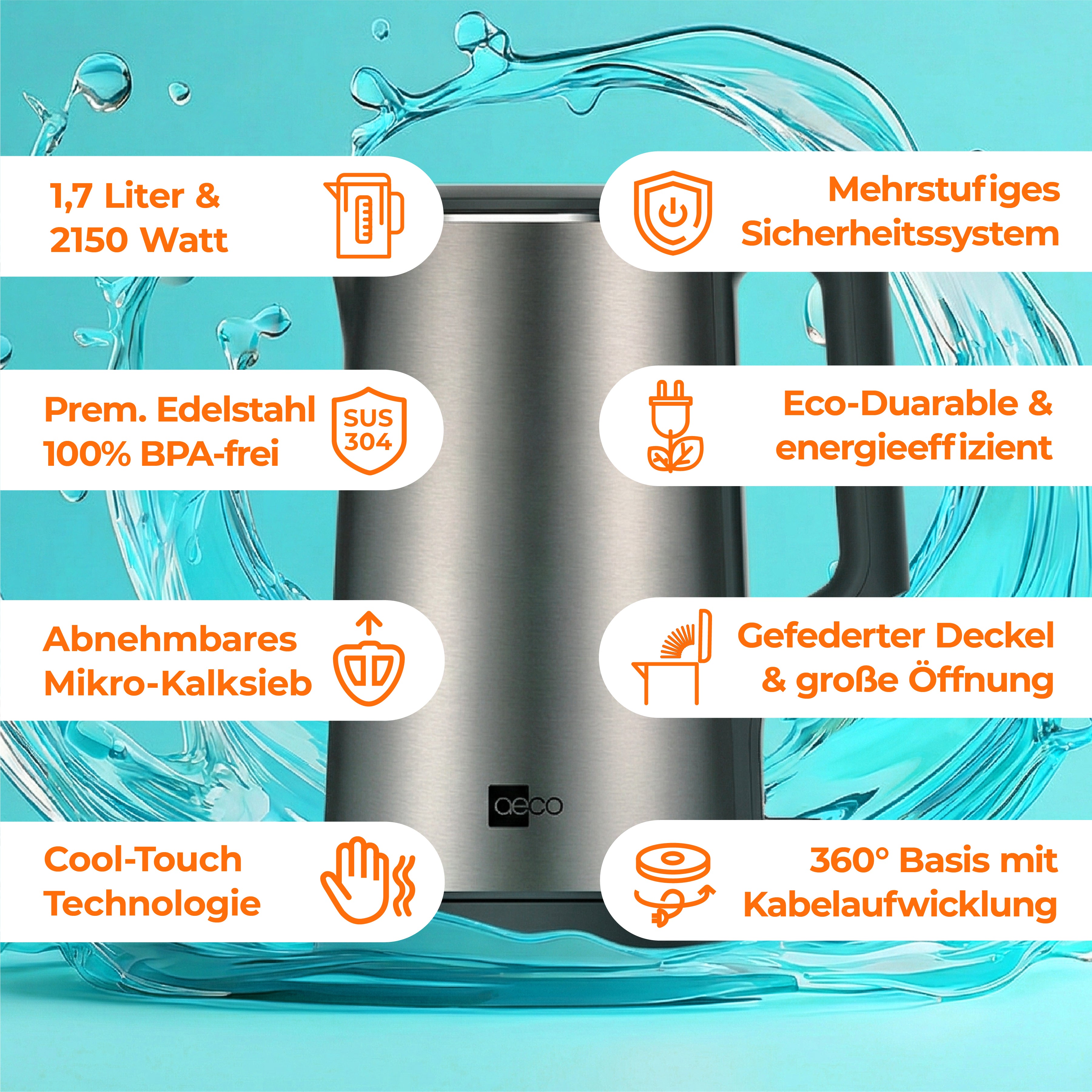 Der aeco AQA NEO Wasserkocher ist ein Edelstahl-Wasserkocher mit Sicherheitssystem, BPA-freiem Material, herausnehmbarem Filter, Cool-Touch-Technologie, Energieeffizienz und einem um 360° drehbaren Sockel.